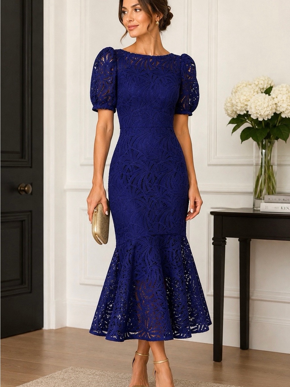 Kay Unger Royal Blue Lace Dress with Puff Sleeves Size 6 NWT Bridal Evening Wear